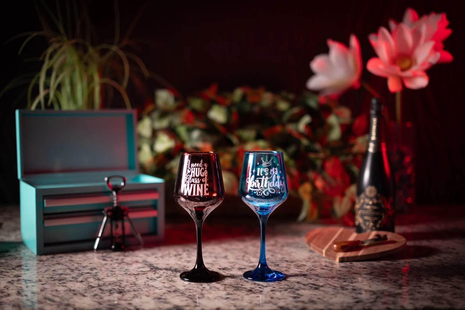 Personalized wine glasses, ready for a celebration