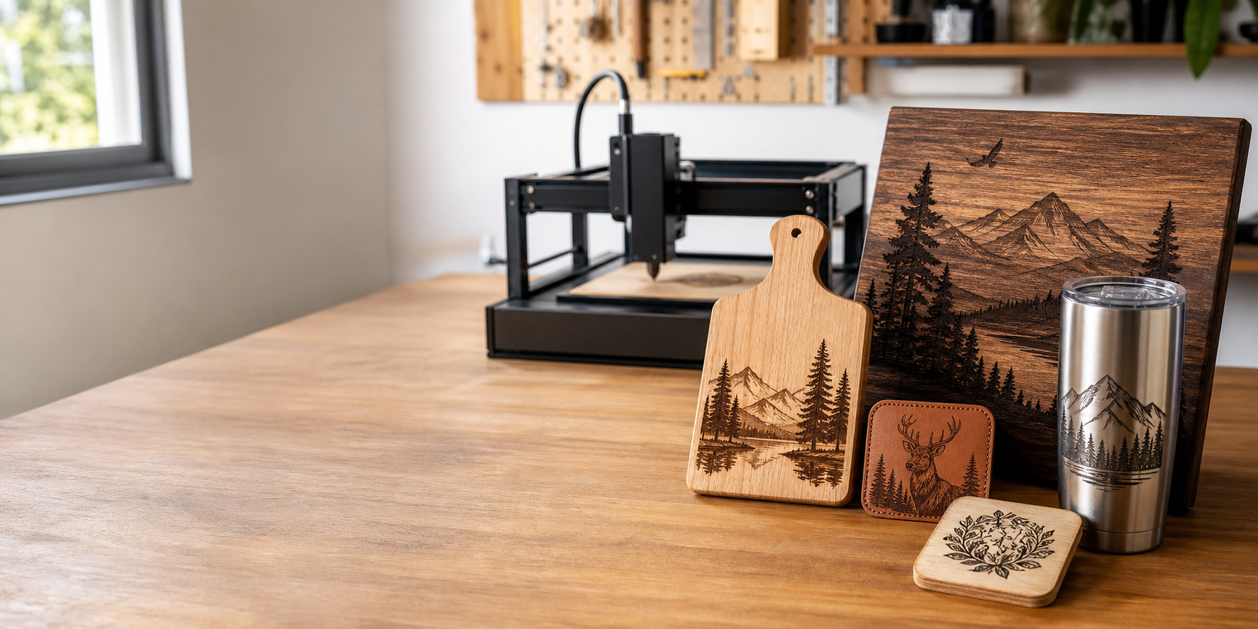 A curated collection of engraved wood, leather, and metal pieces